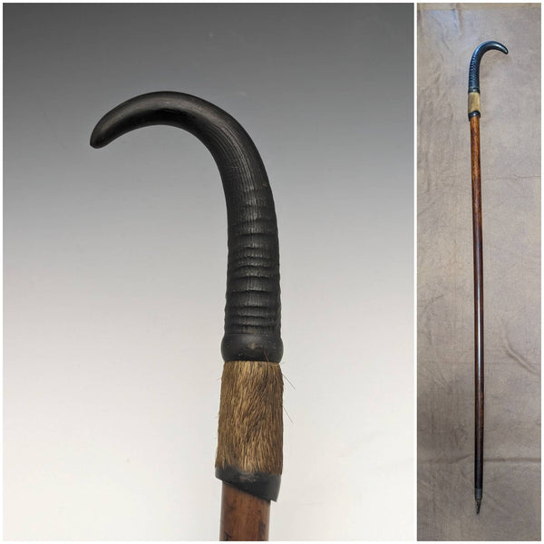 Swiss Made Antique Hiking Stick Cane with Fur Horn Handle 93cm